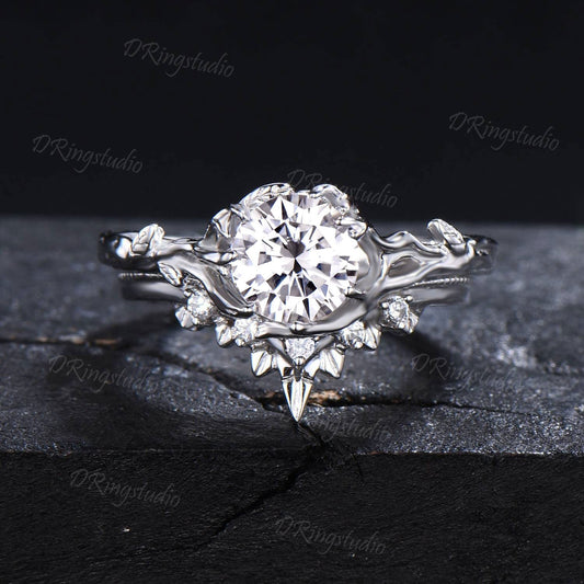 Branch Engagement Ring 1ct Round Moissanite Solitaire Ring Milgrain Wedding Ring White Gold Moissanite Bridal Set Leaf Textured Promise Ring