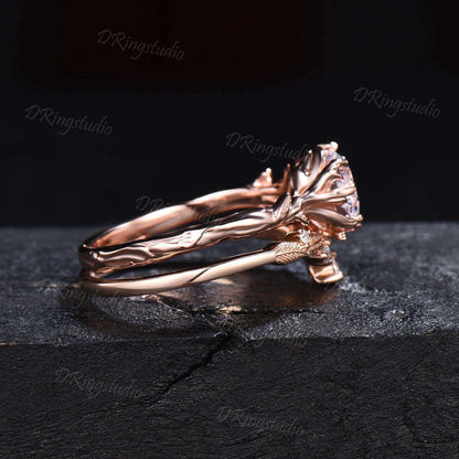 Leaf Textured Engagement Ring Nature Inspired Round Colorless Moissanite Solitaire Ring 14k Rose Gold Branch Wedding Ring Anniversary Gifts