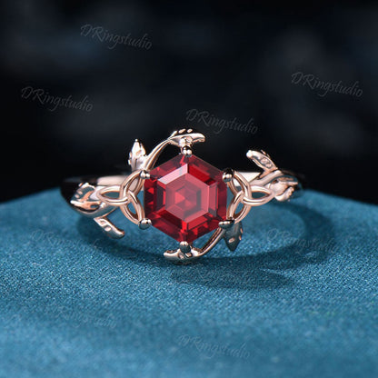 Twist Leaf Ruby Engagement Ring Nature Inspired 1ct Hexagon Cut Ruby Ring Art Deco Celtic Knot Wedding Ring July Birthstone Anniversary Gift