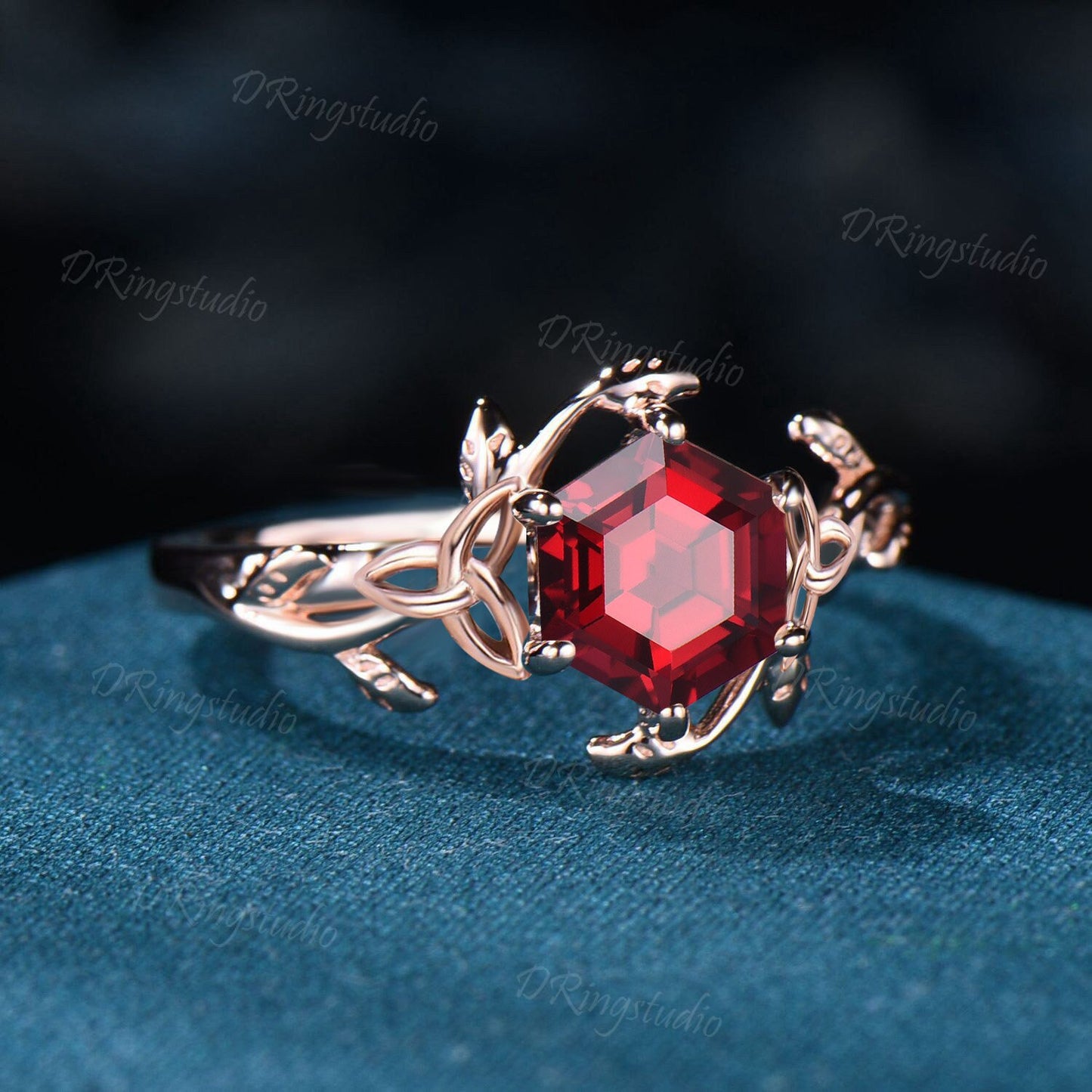 Twist Leaf Ruby Engagement Ring Nature Inspired 1ct Hexagon Cut Ruby Ring Art Deco Celtic Knot Wedding Ring July Birthstone Anniversary Gift