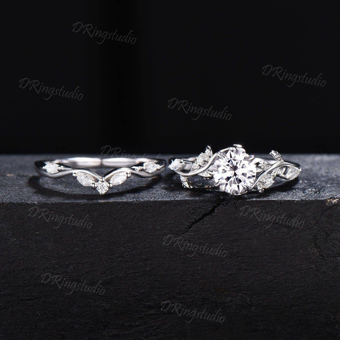 1CT Round Cut Lab Grown Diamond Ring Twig Leaf IGI Certified Diamond Engagement Ring Set Platinum Diamond Ring Nature Ring Anniversary Gift