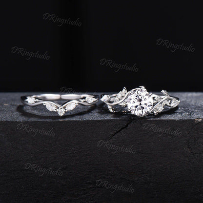 1CT Round Cut Lab Grown Diamond Ring Twig Leaf IGI Certified Diamond Engagement Ring Set Platinum Diamond Ring Nature Ring Anniversary Gift