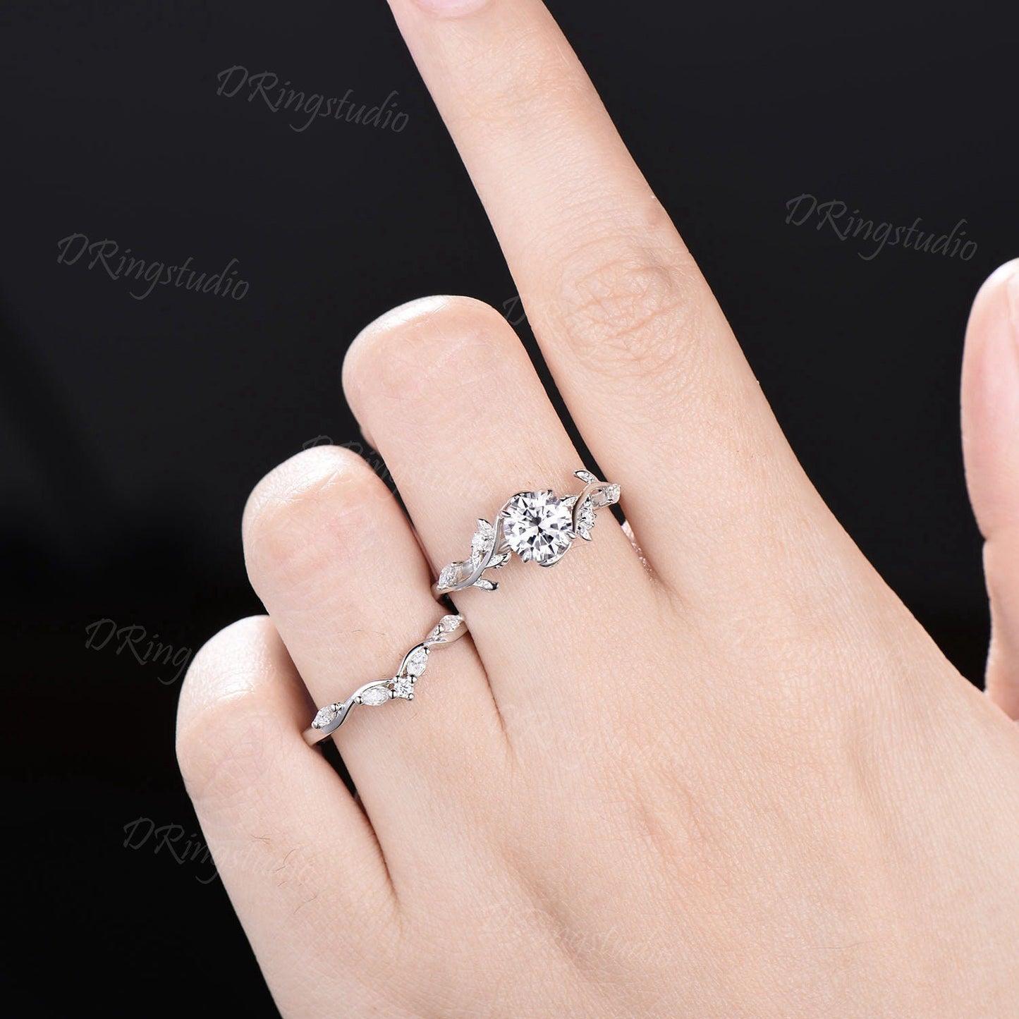 1CT Round Cut Lab Grown Diamond Ring Twig Leaf IGI Certified Diamond Engagement Ring Set Platinum Diamond Ring Nature Ring Anniversary Gift