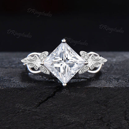 White Gold Butterfly Ring Princess Cut Moissanite Engagement Ring Half Eternity Moissanite Wedding Ring Infinity Love Promise Ring for Her
