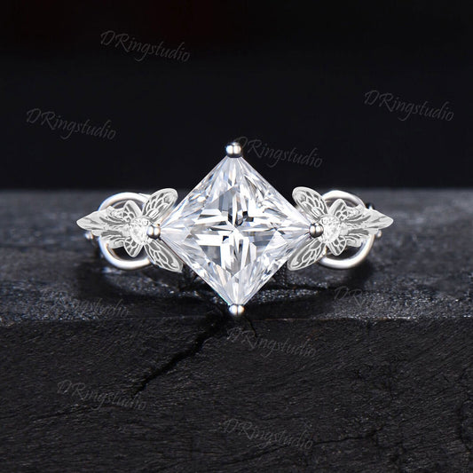 White Gold Butterfly Ring Princess Cut Moissanite Engagement Ring Half Eternity Moissanite Wedding Ring Infinity Love Promise Ring for Her
