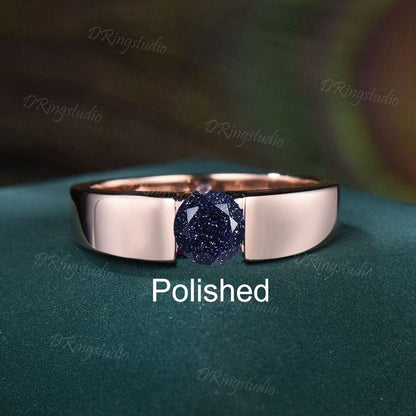 5mm Round Blue Sandstone Tension Set Ring Black Gold Men Engagement Ring Round Galaxy Blue Goldstone Wedding Band Flush Diamond Ring for Men