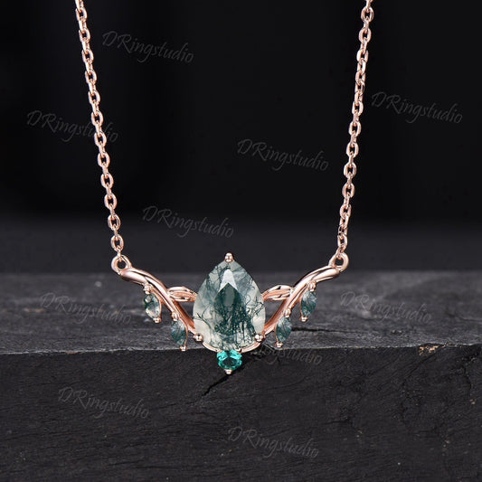 Art Deco Pear Cut Natural Moss Agate Necklace 14k Rose Gold Leaf Vine Pendant Unique Marquise Green Moss Emerald Necklace Wedding Women Gift