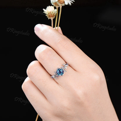 Nature Inspired Twig Leaf Vine Alexandrite Engagement Ring Gold Moon Star Amethyst Bridal Set Celestial Ring June Birthstone Valentines Gift