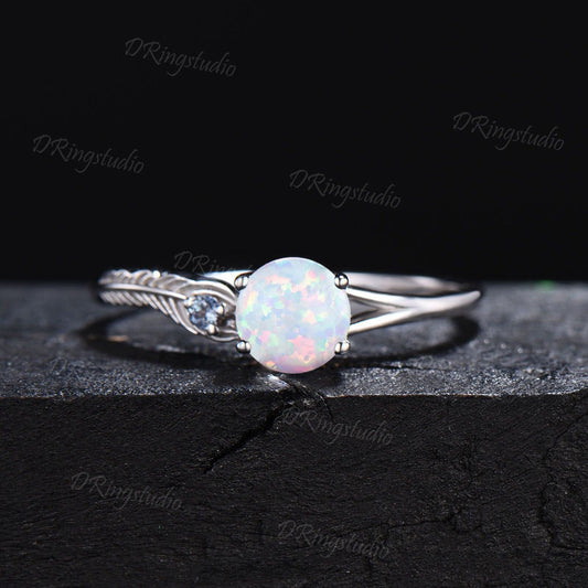 Peacock Feather Ring 5mm Round Opal Wedding Ring 14k Solid Gold Feather Ring Art Deco Alexandrite Split Ring October Birthstone Promise Gift