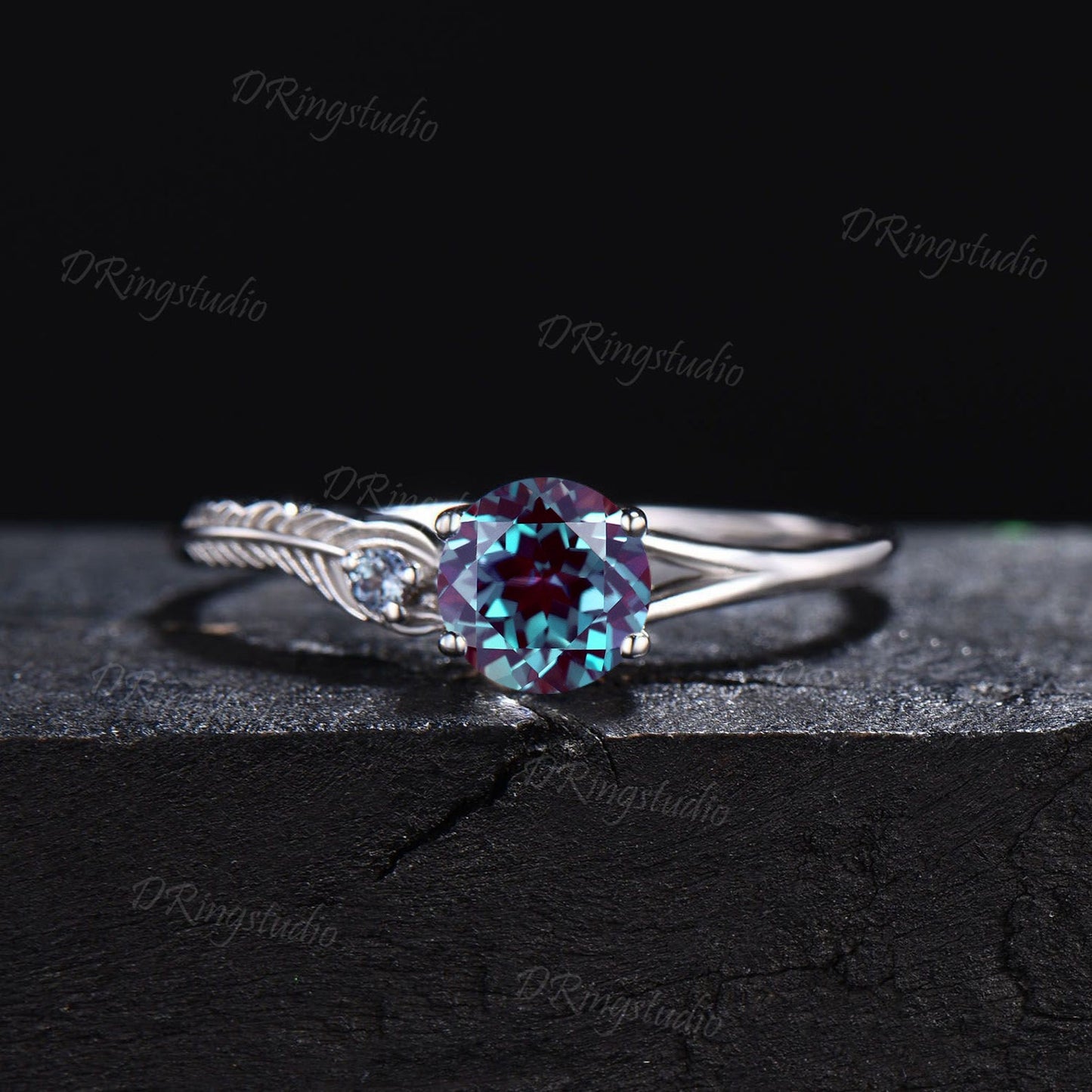 14k Yellow Gold Feather Engagement Ring 0.5ct Round Color-change Alexandrite Ring Engraved Peacock Feather Ring June Birthstone Wedding Ring