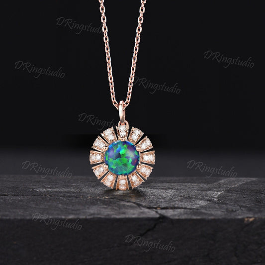 Unique Blue Opal Sun Flower Pendant Necklace 14k Rose Gold Flower Charm Necklace Moissanite Diamond Bridal Necklace Minimalist Women Jewelry