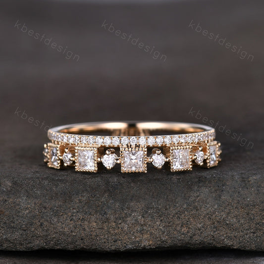 2mm princess cut Moissanite wedding band yellow gold milgrain bezel set wedding band art deco stacking matching band unique anniversary gift