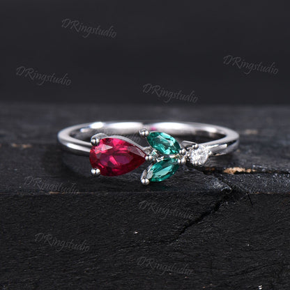 Rose Flower Ruby Engagement Ring Vintage Teardrop Red Ruby Ring Unique Marquise Emerald July Birthstone Minimalist Wedding Ring Promise Gift