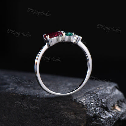 Rose Flower Ruby Engagement Ring Vintage Teardrop Red Ruby Ring Unique Marquise Emerald July Birthstone Minimalist Wedding Ring Promise Gift