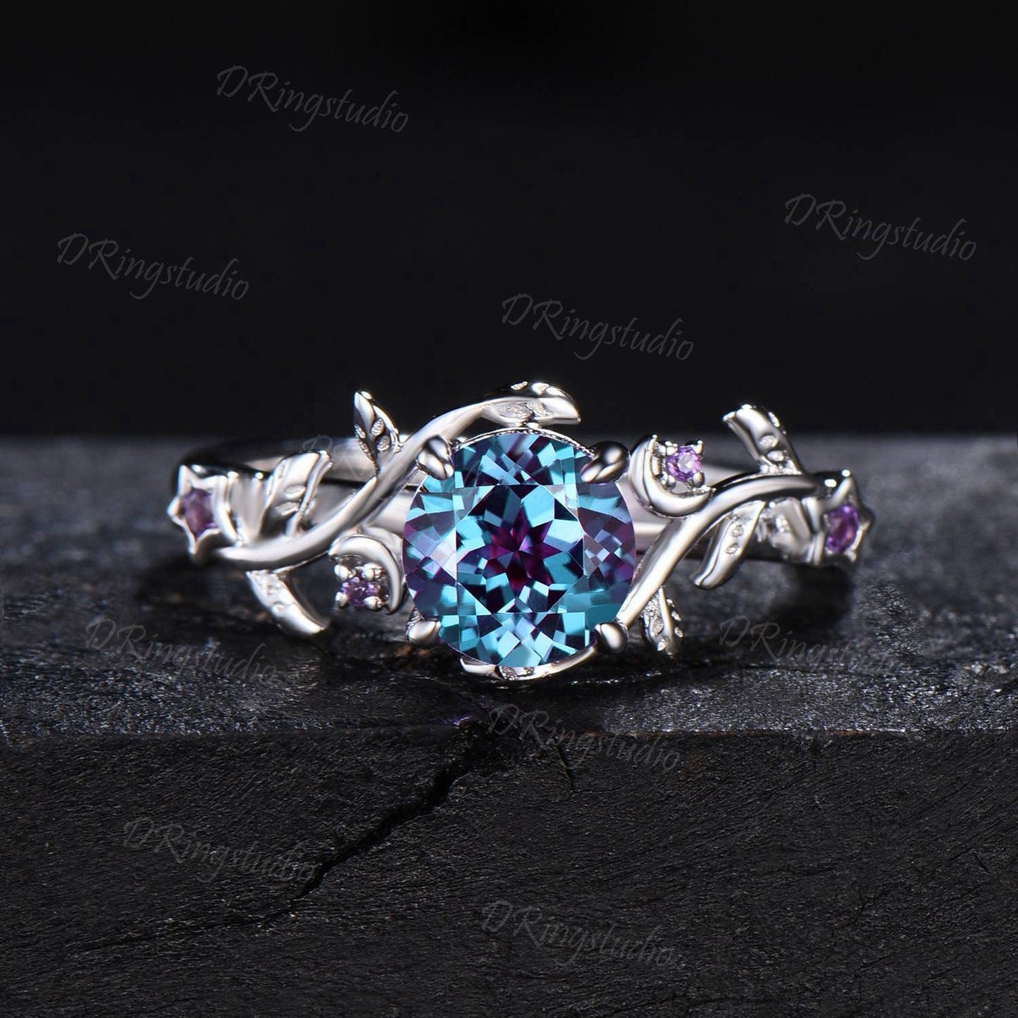 Nature Inspired Twig Leaf Vine Alexandrite Engagement Ring Gold Moon Star Amethyst Bridal Set Celestial Ring June Birthstone Valentines Gift