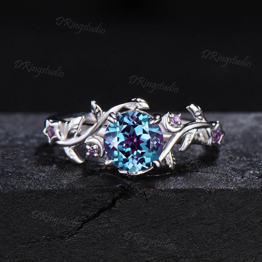 Nature Inspired Twig Leaf Vine Alexandrite Engagement Ring Gold Moon Star Amethyst Bridal Set Celestial Ring June Birthstone Valentines Gift