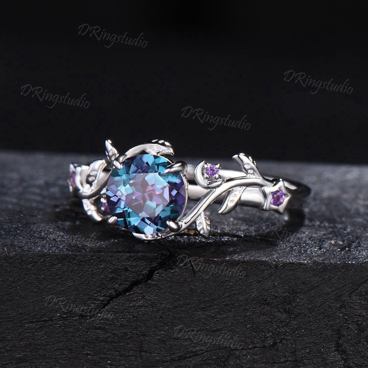 Nature Inspired Twig Leaf Vine Alexandrite Engagement Ring Gold Moon Star Amethyst Bridal Set Celestial Ring June Birthstone Valentines Gift