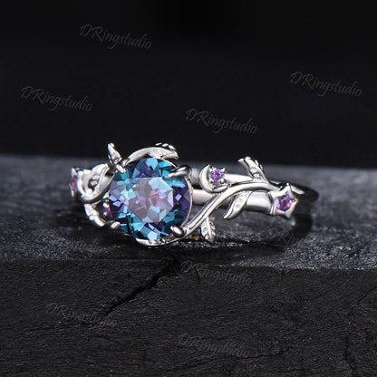 Nature Inspired Twig Leaf Vine Alexandrite Engagement Ring Gold Moon Star Amethyst Bridal Set Celestial Ring June Birthstone Valentines Gift