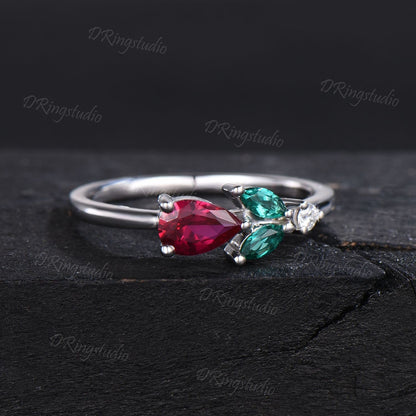 Rose Flower Ruby Engagement Ring Vintage Teardrop Red Ruby Ring Unique Marquise Emerald July Birthstone Minimalist Wedding Ring Promise Gift