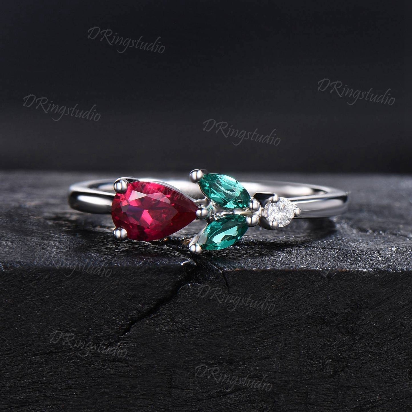 Rose Flower Ruby Engagement Ring Vintage Teardrop Red Ruby Ring Unique Marquise Emerald July Birthstone Minimalist Wedding Ring Promise Gift