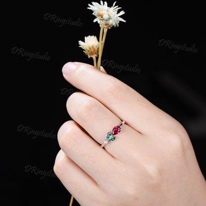 Rose Flower Ruby Engagement Ring Vintage Teardrop Red Ruby Ring Unique Marquise Emerald July Birthstone Minimalist Wedding Ring Promise Gift