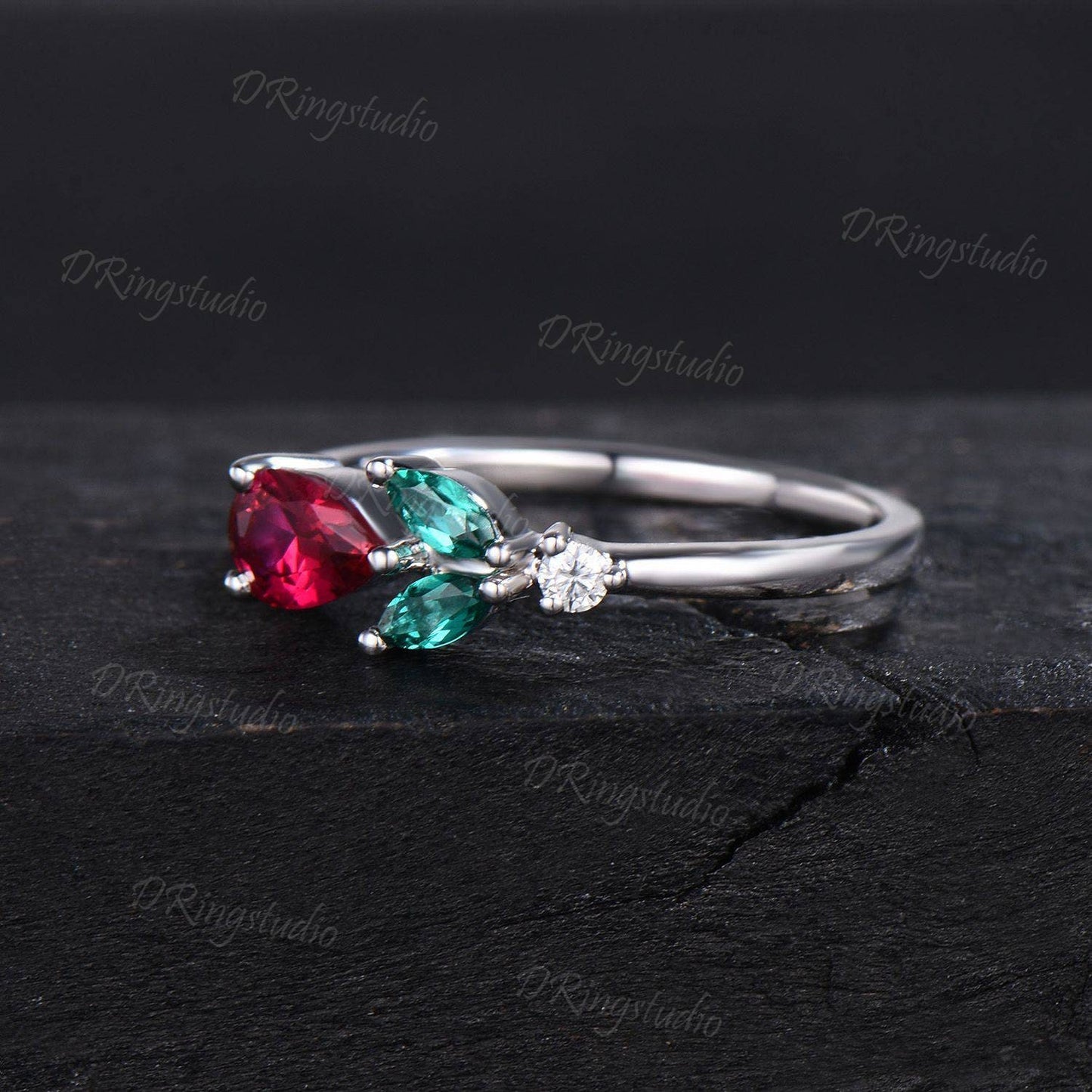 Rose Flower Ruby Engagement Ring Vintage Teardrop Red Ruby Ring Unique Marquise Emerald July Birthstone Minimalist Wedding Ring Promise Gift