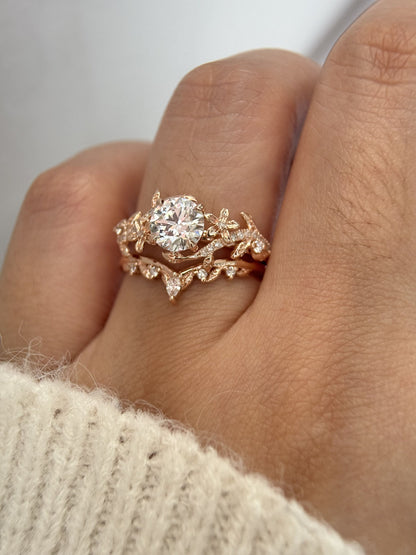 1 Carat Round Lab Grown Diamond Ring 14k Rose Gold Flower Engagement Ring Set IGI Certified Diamond Wedding Ring Nature Entangled Vines Ring