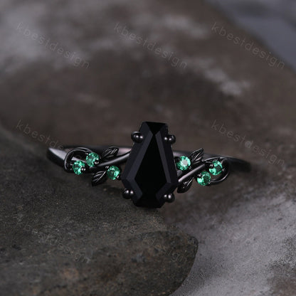 Coffin cut black onyx engagement ring Black gold ring Art deco leaf design emerald wedding ring nature inspired ring bridal promise ring