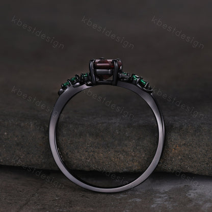 Coffin cut black onyx engagement ring Black gold ring Art deco leaf design emerald wedding ring nature inspired ring bridal promise ring