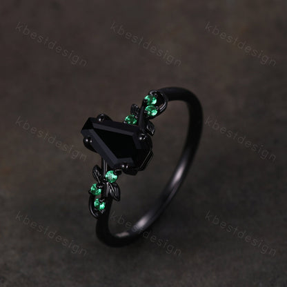 Coffin cut black onyx engagement ring Black gold ring Art deco leaf design emerald wedding ring nature inspired ring bridal promise ring