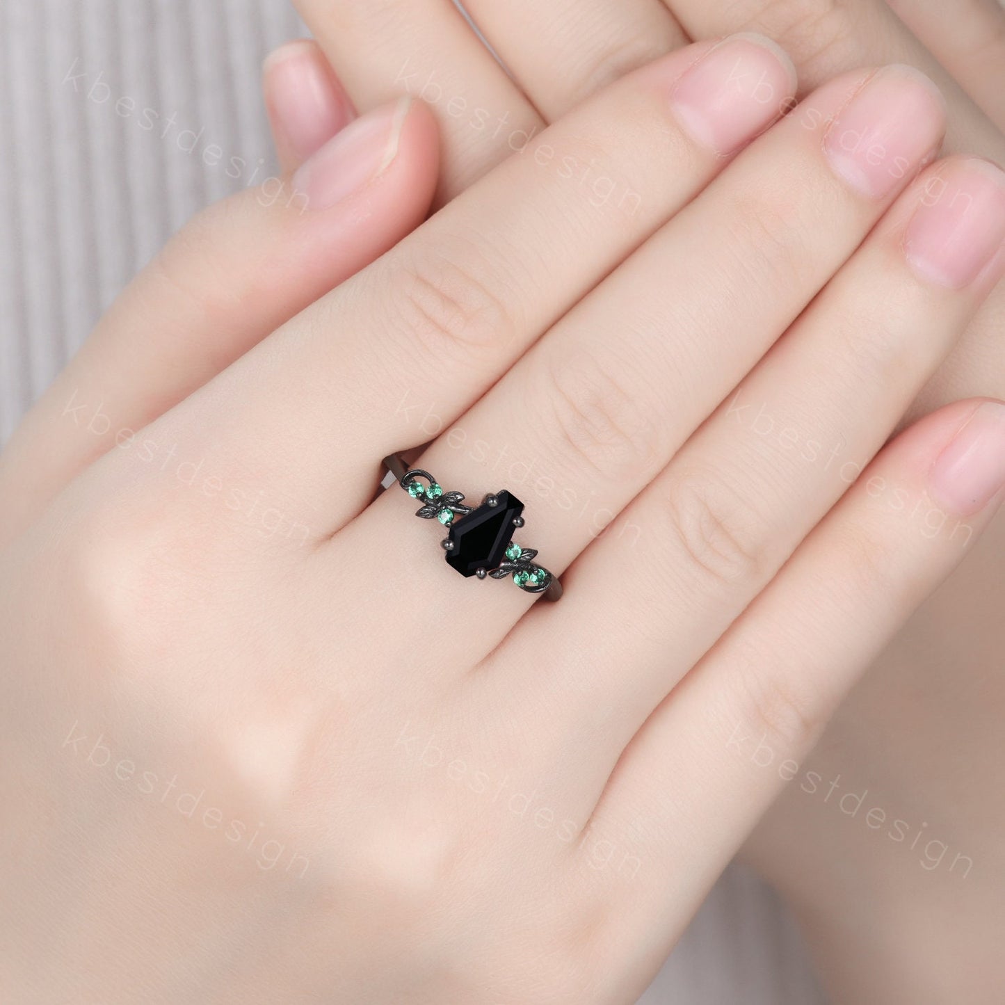 Coffin cut black onyx engagement ring Black gold ring Art deco leaf design emerald wedding ring nature inspired ring bridal promise ring