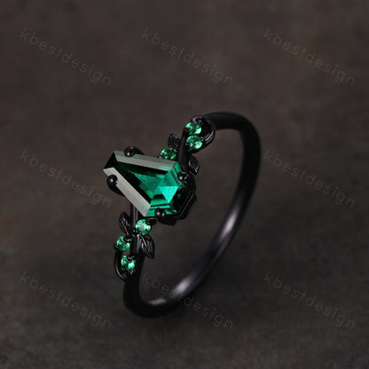 Vintage coffin green emerald engagement ring black gold twig leaf emerald wedding ring nature inspired ring art deco bridal promise ring