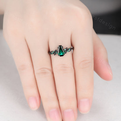 Vintage coffin green emerald engagement ring black gold twig leaf emerald wedding ring nature inspired ring art deco bridal promise ring