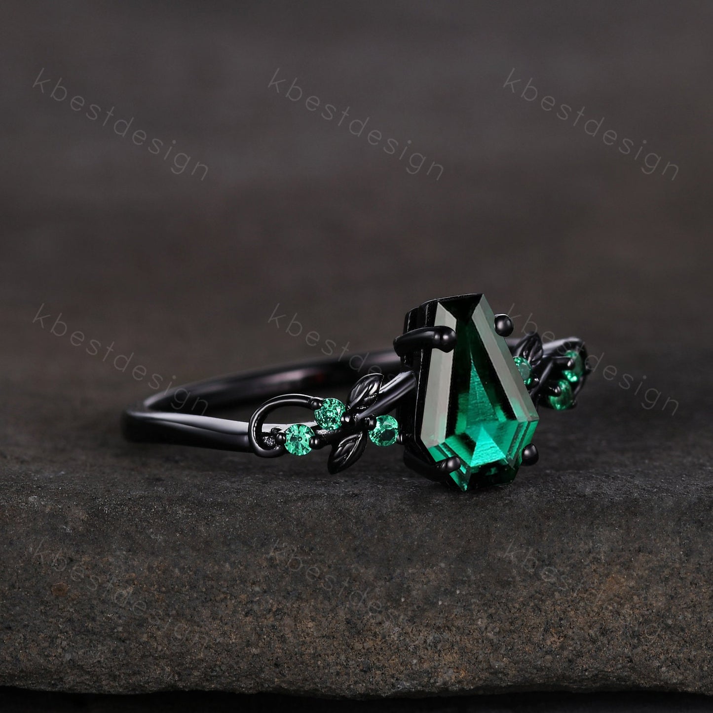 Vintage coffin green emerald engagement ring black gold twig leaf emerald wedding ring nature inspired ring art deco bridal promise ring