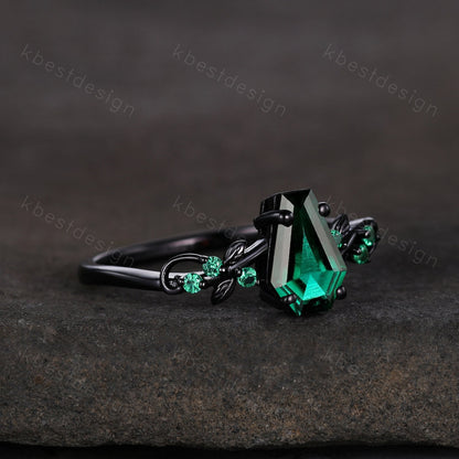 Vintage coffin green emerald engagement ring black gold twig leaf emerald wedding ring nature inspired ring art deco bridal promise ring