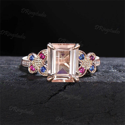 Art Deco 2ct Emerald Cut Morganite Ring Gemstone Butterfly Engagement Ring 14K Solid Gold Moissanite Diamond Wedding Ring Promise Women Gift