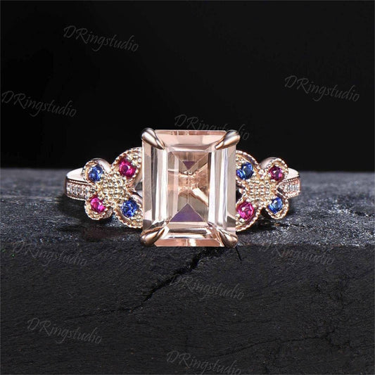 Art Deco 2ct Emerald Cut Morganite Ring Gemstone Butterfly Engagement Ring 14K Solid Gold Moissanite Diamond Wedding Ring Promise Women Gift