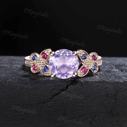 Vintage Round Natural Lavender Amethyst Engagement Ring Cluster Promise Ring Butterfly Sapphire Wedding Ring Birthstone Gifts for Daughter