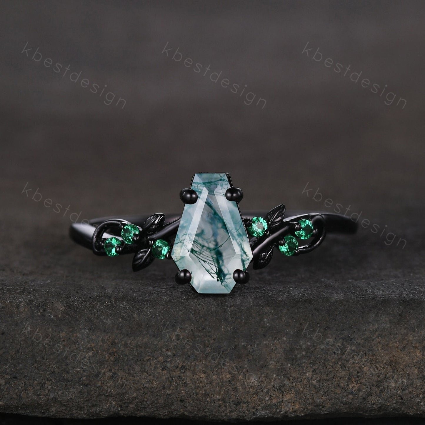 Green moss agate engagement ring Black gold ring Art deco leaf design emerald wedding ring unique coffin cut ring bridal promise ring