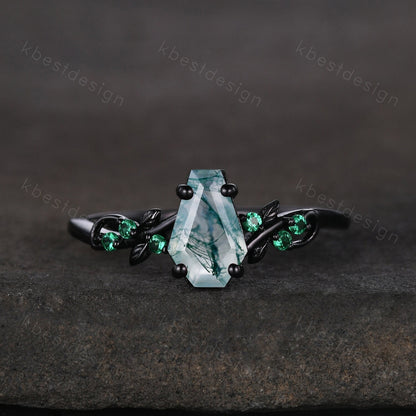 Green moss agate engagement ring Black gold ring Art deco leaf design emerald wedding ring unique coffin cut ring bridal promise ring