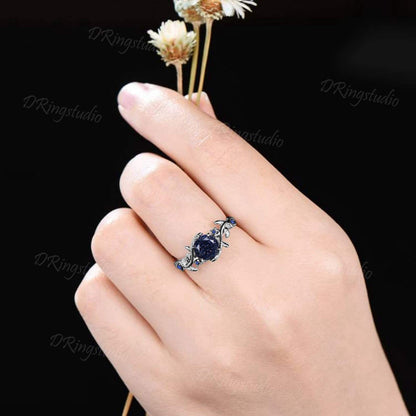 Black Gold Starry Sky Blue Sandstone Ring Branch Leaf Round Blue Goldstone Engagement Ring Moon Star Sapphire Ring Black Promise Ring Gifts