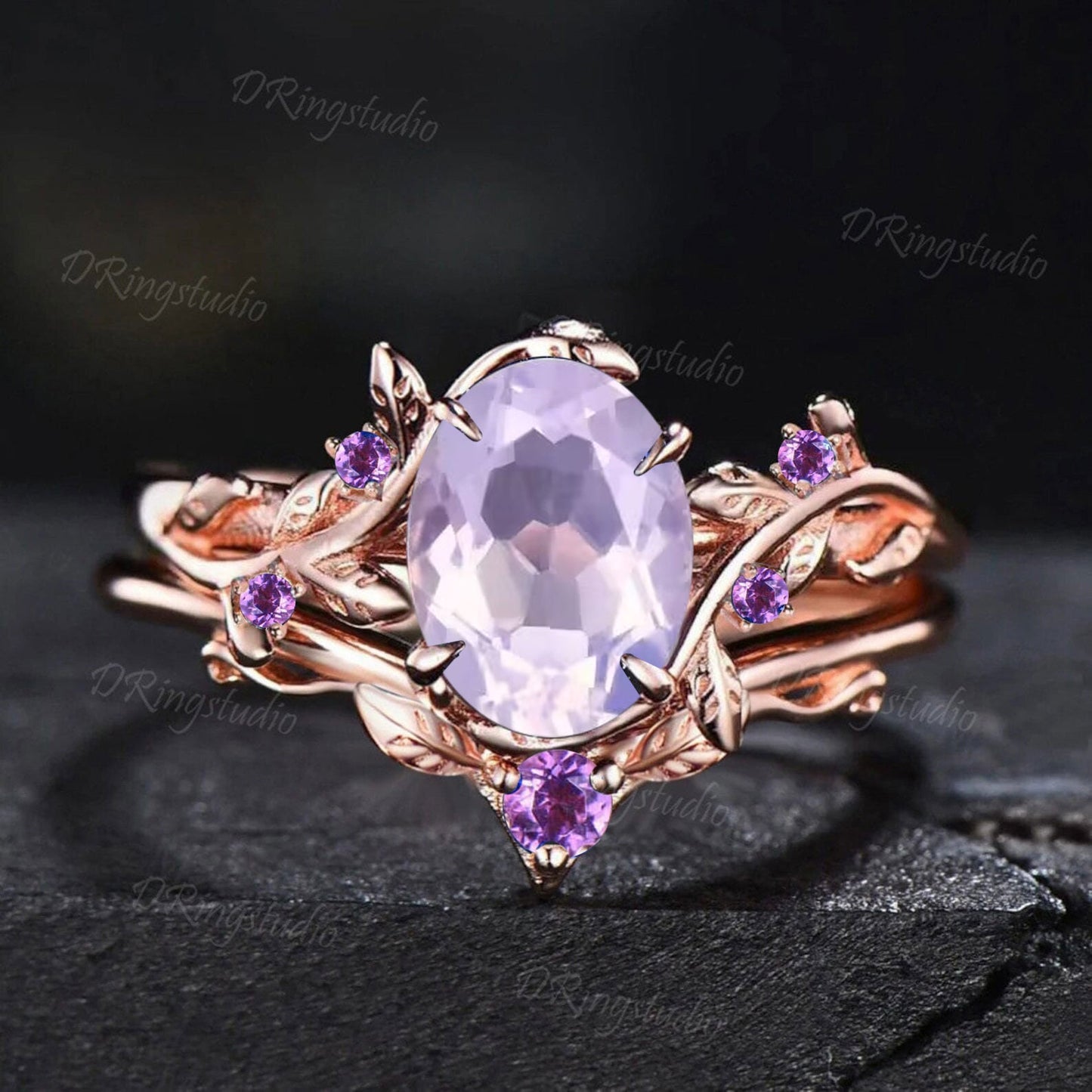 Vintage Lavender Amethyst Ring Nature Inspired Oval Amethyst Engagement Ring Set Rose Gold Leaf Vine Opal Wedding Ring Proposal Women Gifts