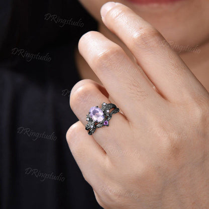 Vintage Lavender Amethyst Ring Nature Inspired Oval Amethyst Engagement Ring Set Rose Gold Leaf Vine Opal Wedding Ring Proposal Women Gifts