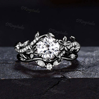 Gothic Black Gold Moissanite Engagement Ring Set Black Flower Promise Ring Set Leaf Vines Round Moissanite Wedding Ring Nature Inspired Ring