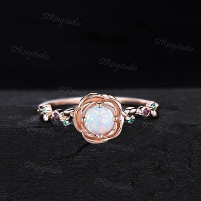 14k Rose Gold Flower Engagement Ring Round White Opal Wedding Ring Floral Amethyst Emerald Promise Ring Birthstone Ring Anniversary Gifts