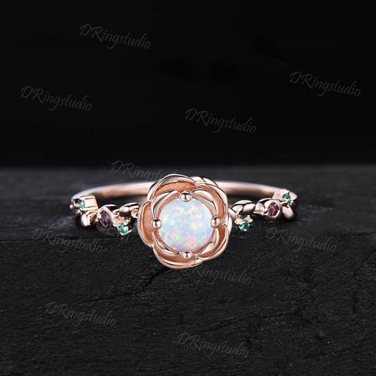 14k Rose Gold Flower Engagement Ring Round White Opal Wedding Ring Floral Amethyst Emerald Promise Ring Birthstone Ring Anniversary Gifts