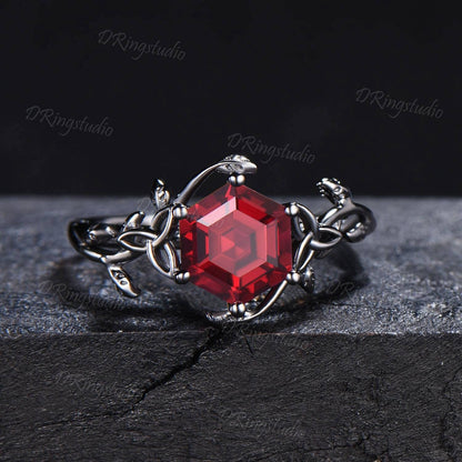 Twist Leaf Ruby Engagement Ring Nature Inspired 1ct Hexagon Cut Ruby Ring Art Deco Celtic Knot Wedding Ring July Birthstone Anniversary Gift