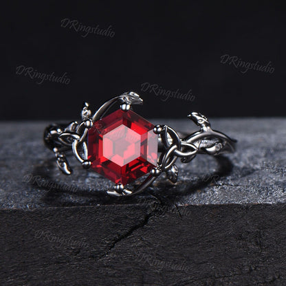 Twist Leaf Ruby Engagement Ring Nature Inspired 1ct Hexagon Cut Ruby Ring Art Deco Celtic Knot Wedding Ring July Birthstone Anniversary Gift