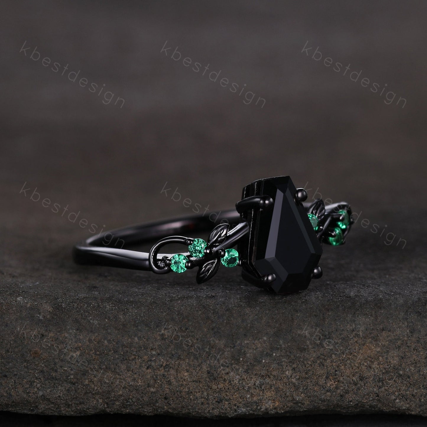 Coffin cut black onyx engagement ring Black gold ring Art deco leaf design emerald wedding ring nature inspired ring bridal promise ring