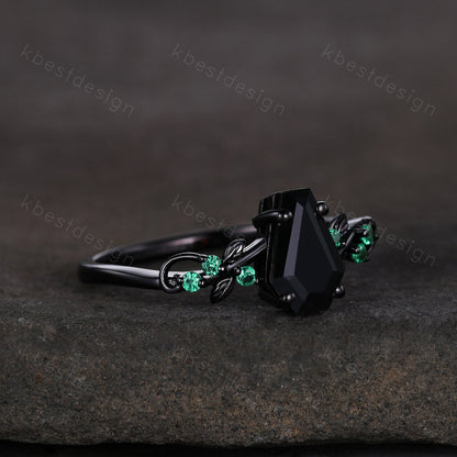 Coffin cut black onyx engagement ring Black gold ring Art deco leaf design emerald wedding ring nature inspired ring bridal promise ring